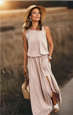 Florentine Women's Sleeveless Summer Maxi Dress – Round Neck Elegant Style-Maxi Dress-Khaki-S-Camoufit