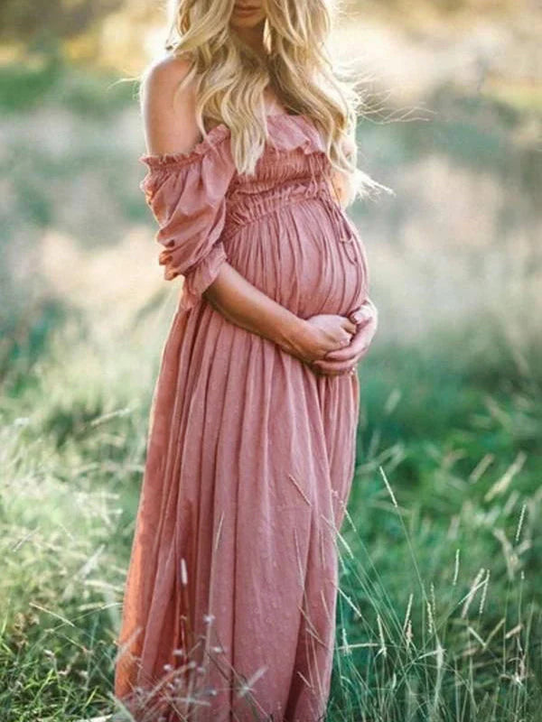 Lovelle | Off-Shoulder Maxi Maternity Dress for Women – Flowy Relaxed Fit-Dresses-Pinkish Red-XS-Camoufit