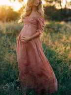 Lovelle | Off-Shoulder Maxi Maternity Dress for Women – Flowy Relaxed Fit-Dresses-Pinkish Red-XS-Camoufit