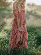 Lovelle | Off-Shoulder Maxi Maternity Dress for Women – Flowy Relaxed Fit-Dresses-Pinkish Red-XS-Camoufit