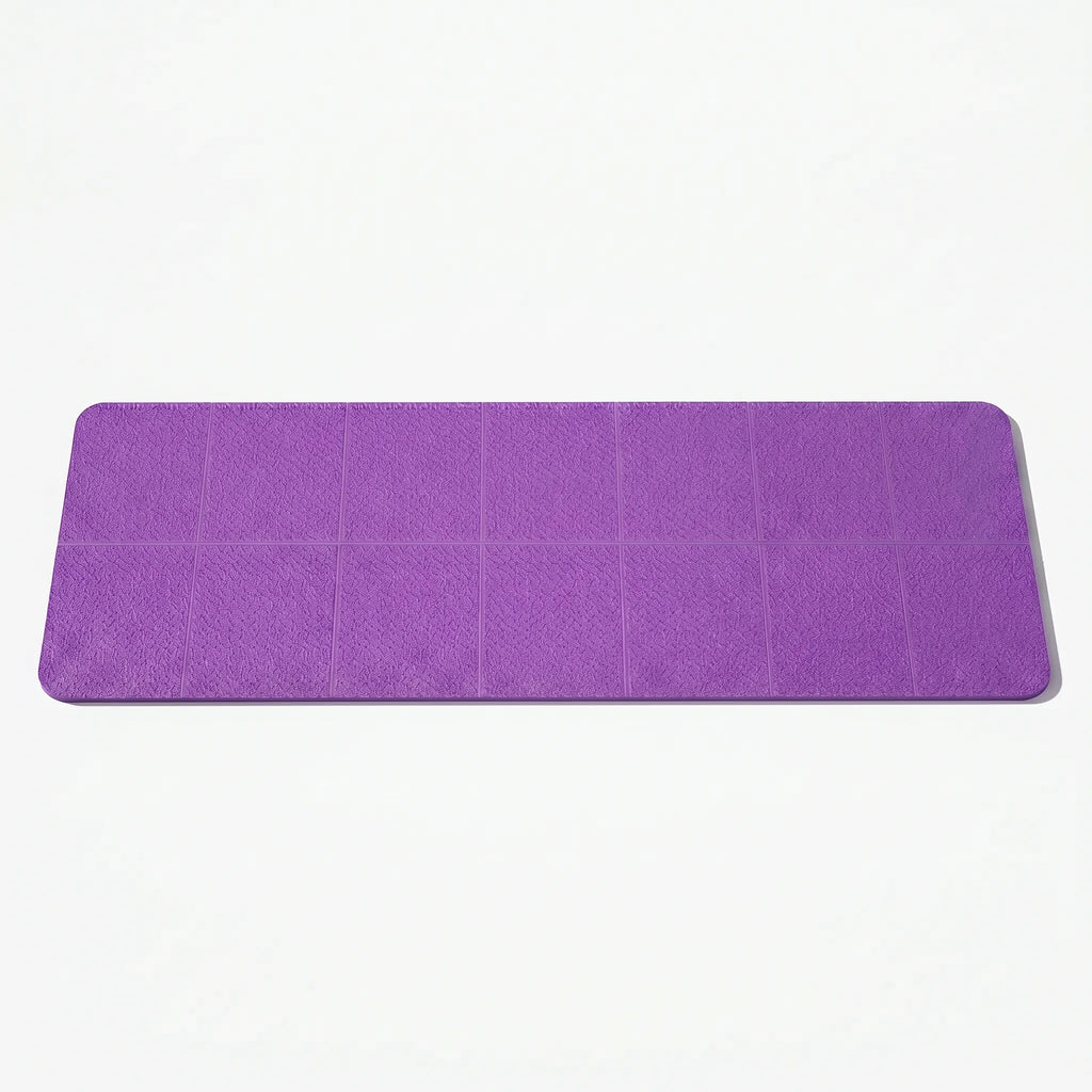 Purple foldable yoga exercise mat with accordion folds, rectangular 72 x 24 in