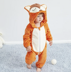 Orange fox animal onesie with hood and full-zip front, plush costume pajamas