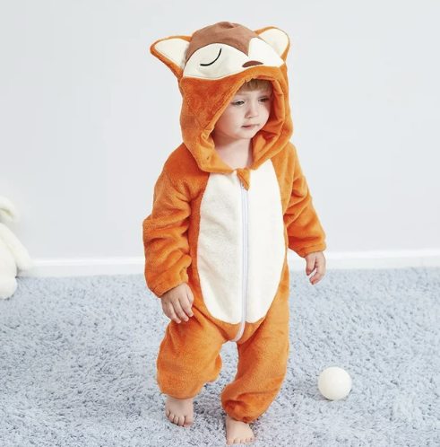Orange fox animal onesie with hood and full-zip front, plush costume pajamas