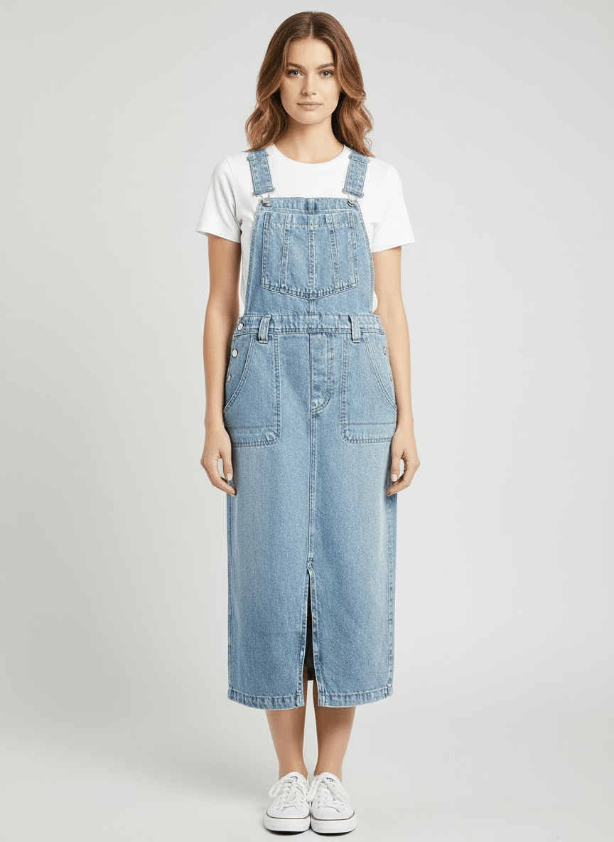 Front Slit Denim Overall Dress-Dresses-CAMOUFIT-Light Blue-S-Camoufit