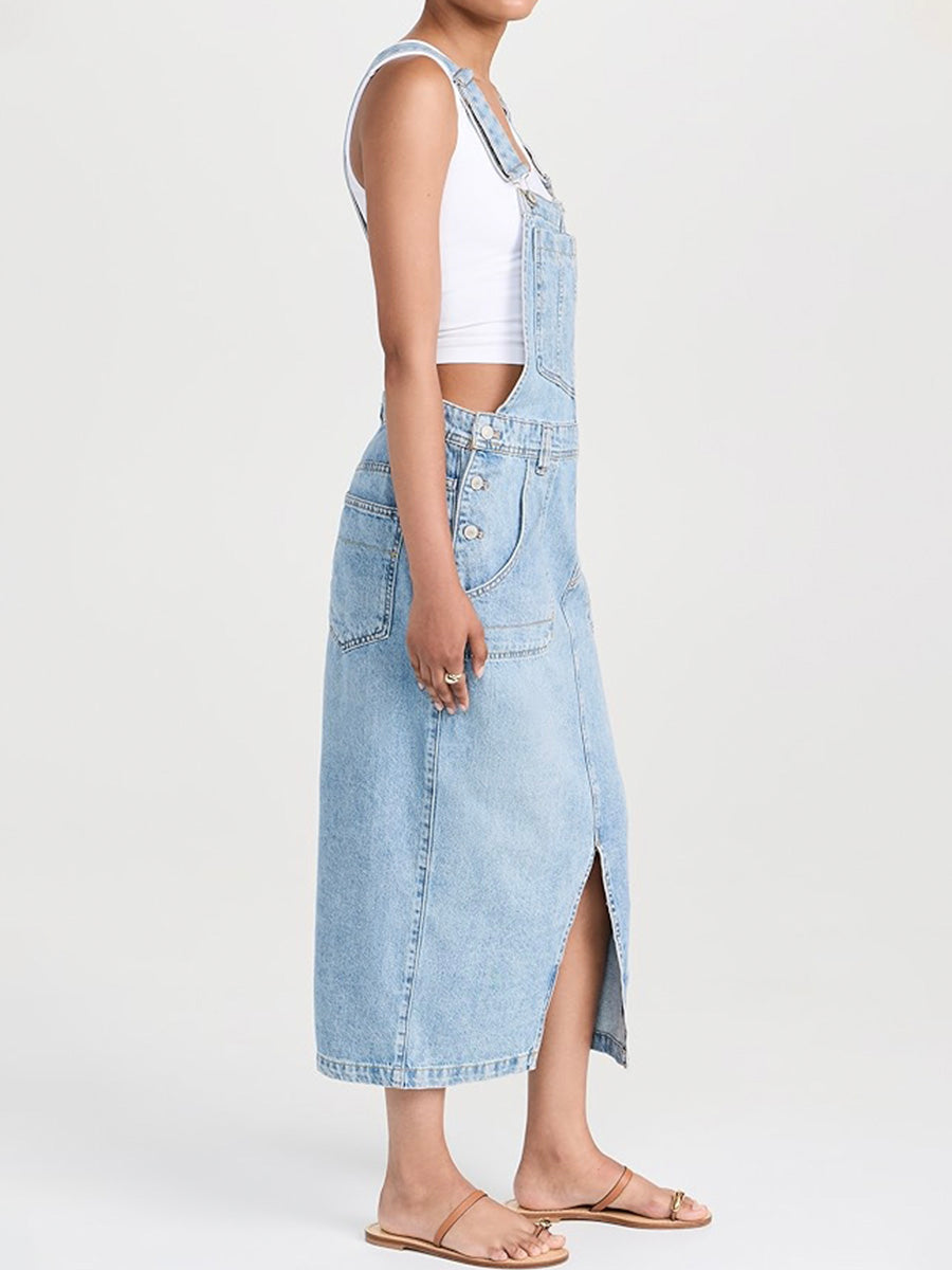 Front Slit Denim Overall Dress-Jumpsuits & Overalls-Camoufit
