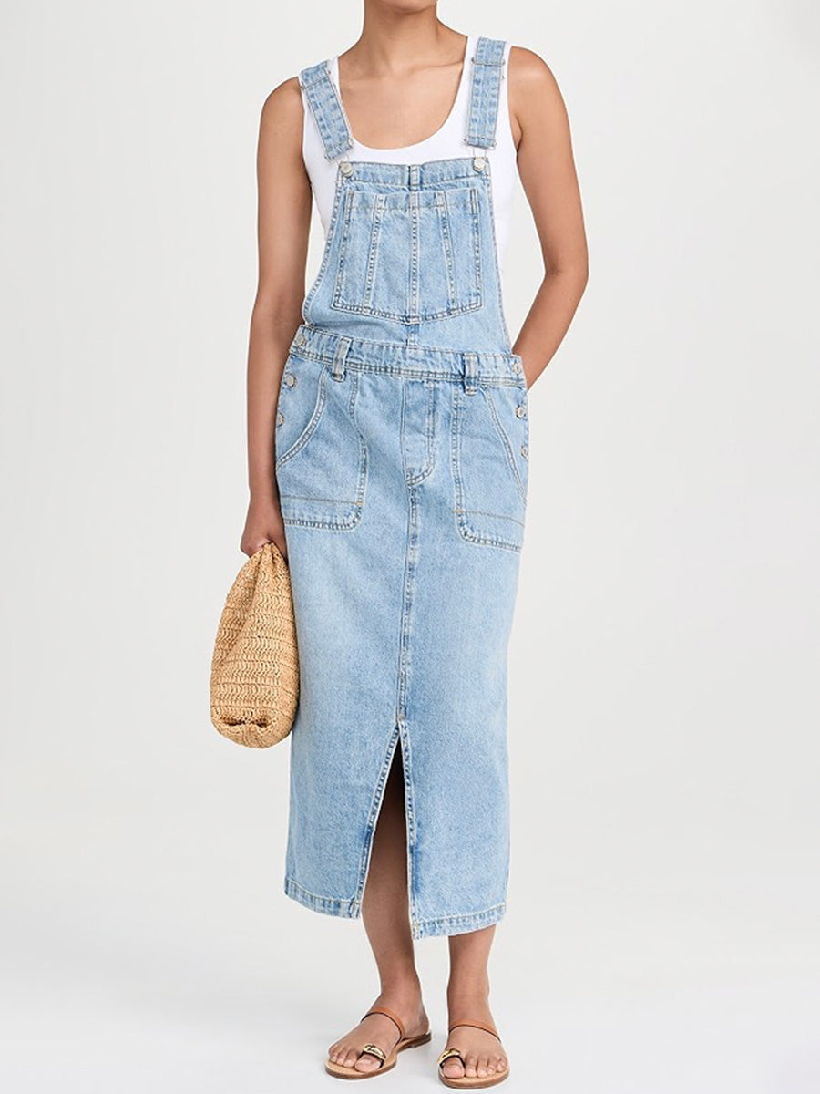 Front Slit Denim Overall Dress-Jumpsuits & Overalls-Camoufit