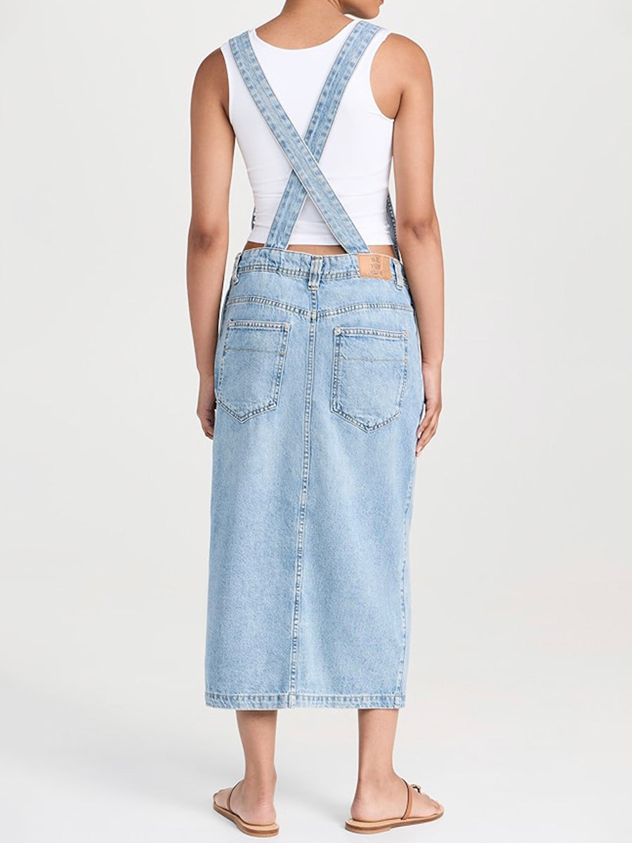 Front Slit Denim Overall Dress-Jumpsuits & Overalls-Camoufit
