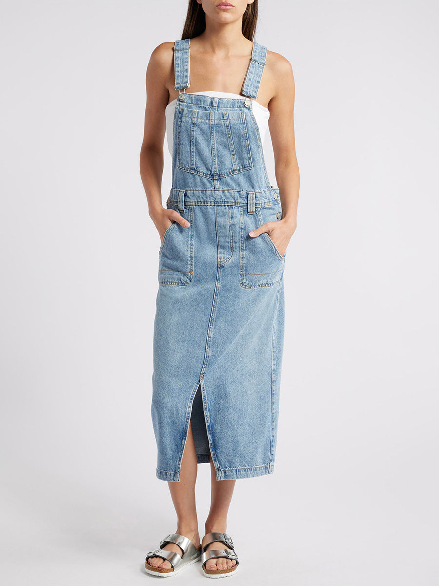 Front Slit Denim Overall Dress-Jumpsuits & Overalls-Camoufit