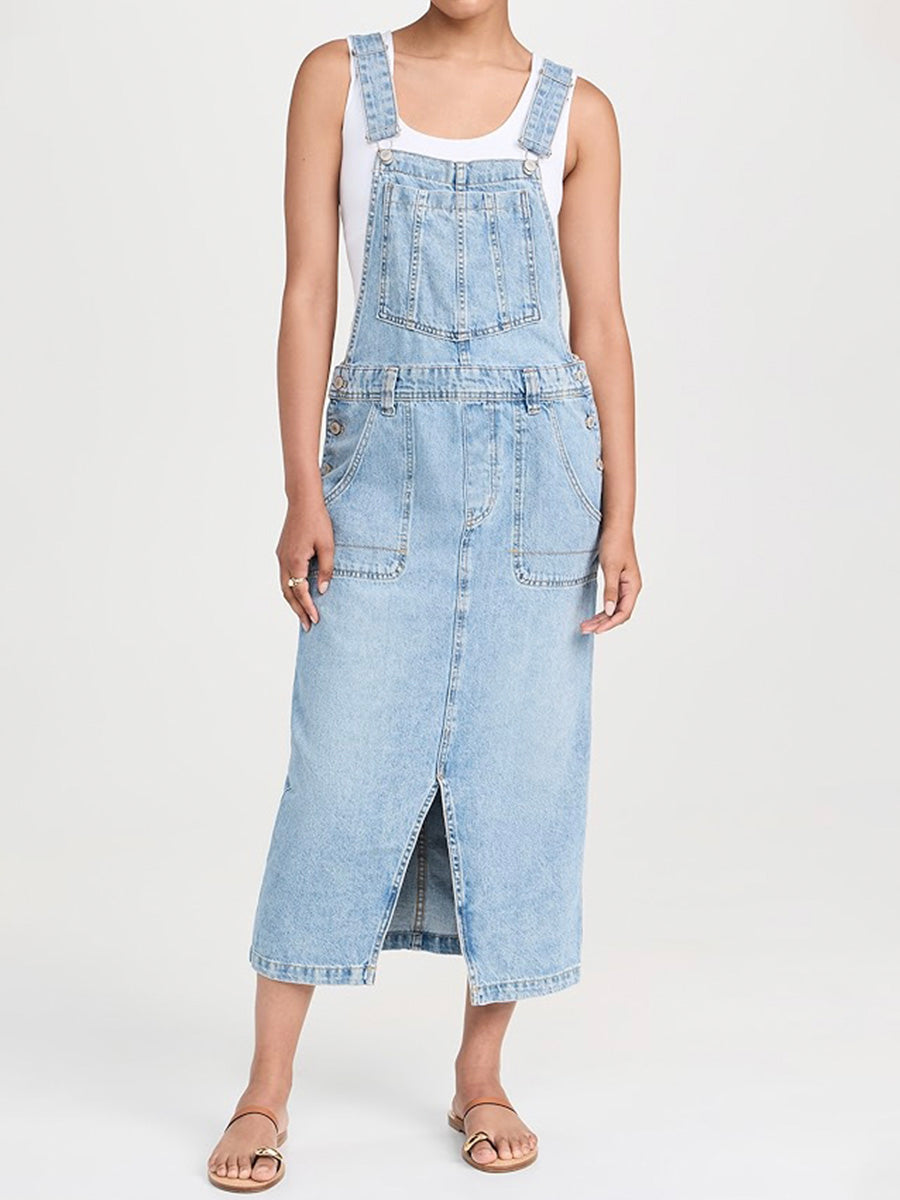 Front Slit Denim Overall Dress-Jumpsuits & Overalls-Light Blue-S-Camoufit