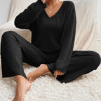 Amélis | Soft Knit Set for Women - V Neck Ribbed Sweater Trousers Relaxed Cosy Two Piece Fit-Loungewear set-Beige-S-Camoufit