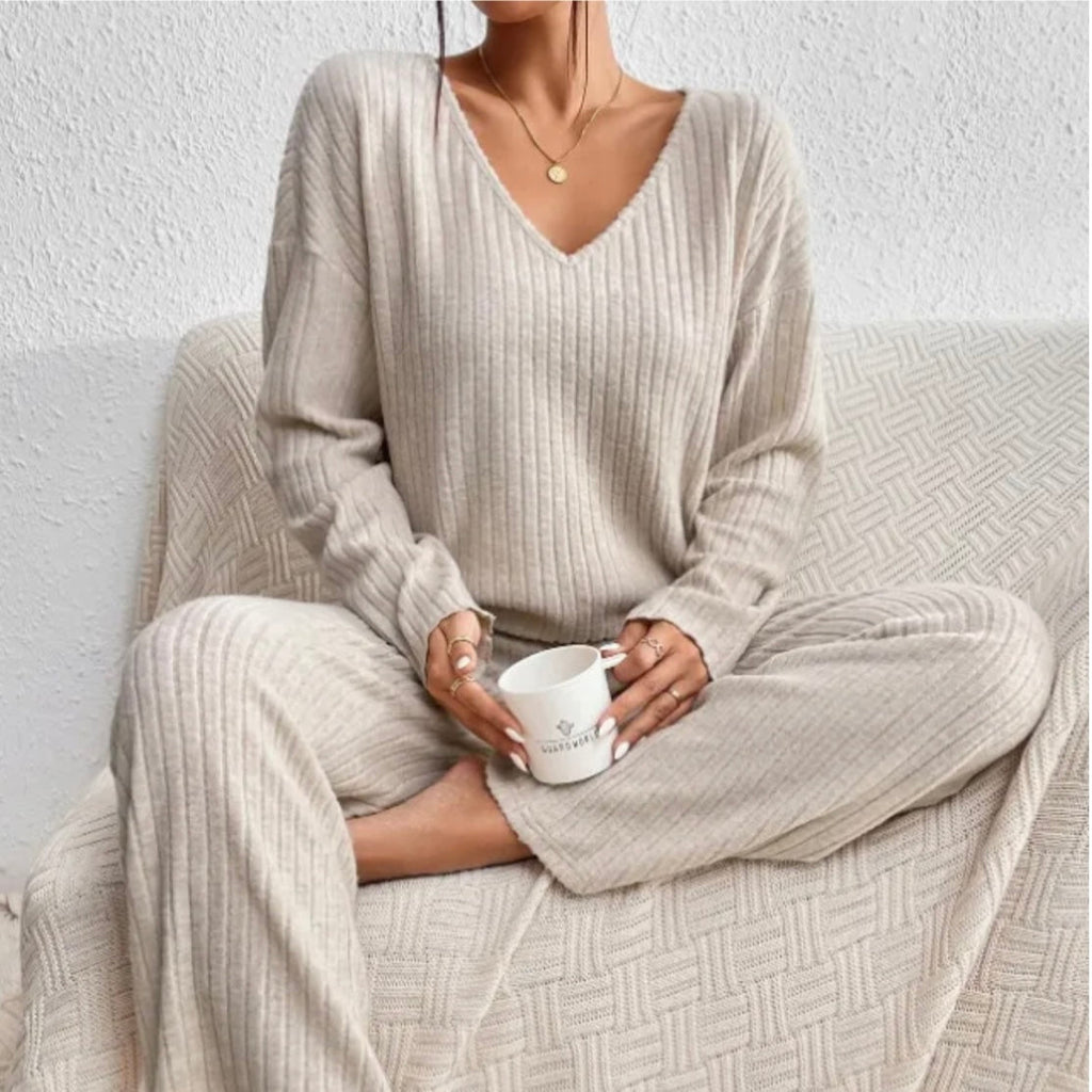 Amélis | Soft Knit Set for Women - V Neck Ribbed Sweater Trousers Relaxed Cosy Two Piece Fit-Loungewear set-Beige-S-Camoufit