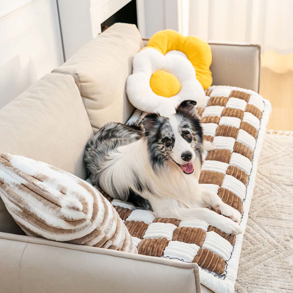 Chenille pet blanket with brown and white striped tiles and scalloped edge