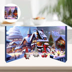 Plush gnome advent calendar on white base with winter scene and countdown numbers