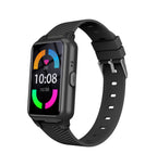 Black GPS smartwatch with black silicone strap, front view with time display.