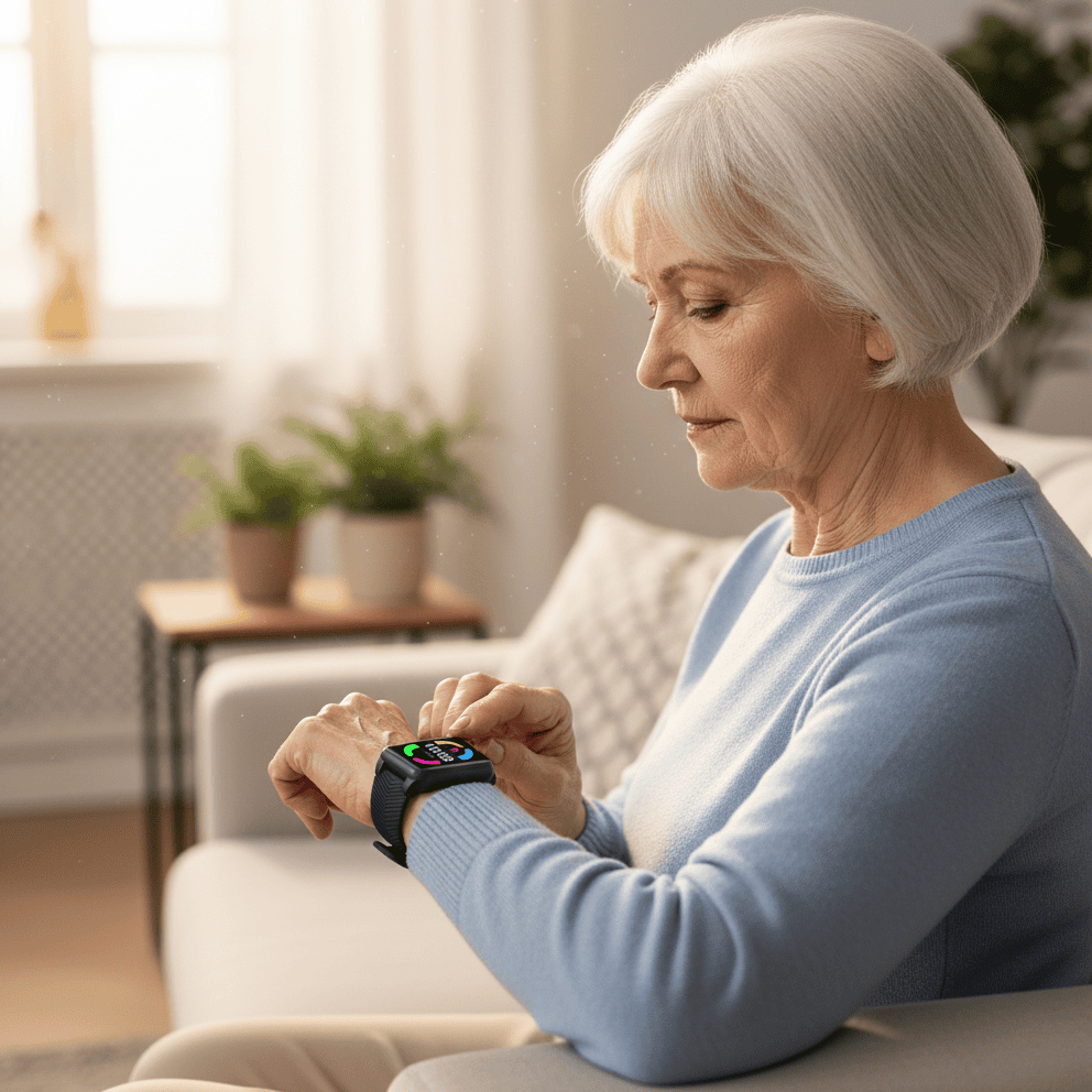 Black GPS smartwatch on wrist, rectangular screen with colorful health icons.