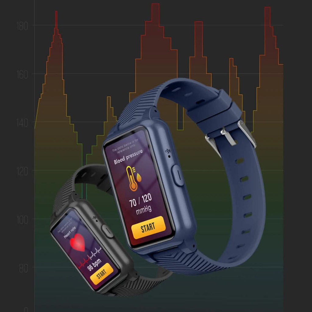 Blue GPS smartwatch with textured strap, blood-pressure screen and start button.