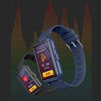 Blue GPS smartwatch with textured strap, blood-pressure screen and start button.