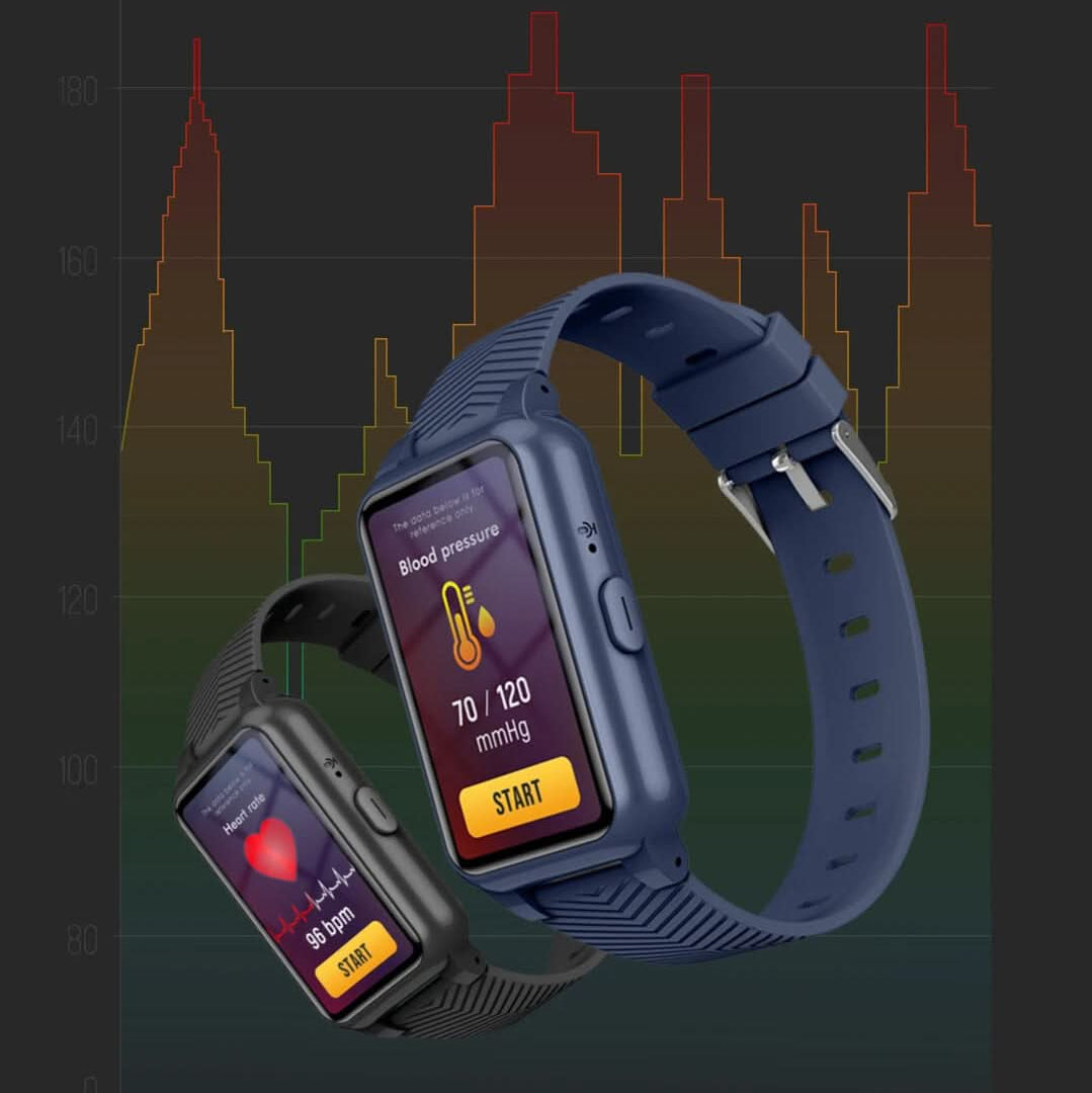 Blue GPS smartwatch with textured strap, blood-pressure screen and start button.