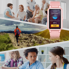 Pink GPS smartwatch with silicone strap, screen showing blood oxygen and start button.