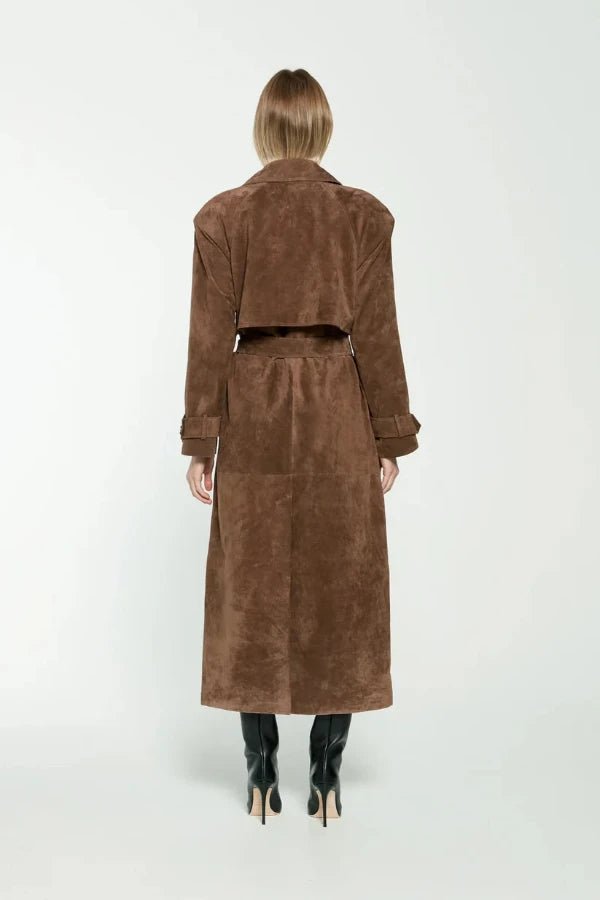 Galatea Women's Trenchcoat – Faux Suede Leather Maxi Belted Coat-Women's Trench Coats-CAMOUFIT-Brown-XS-Camoufit