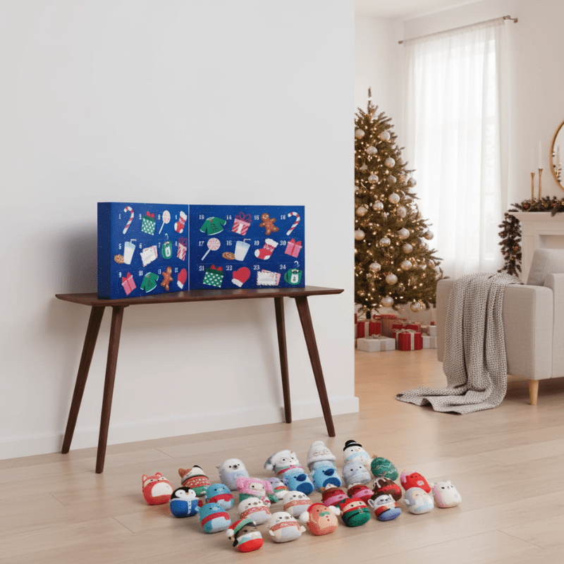 Kids advent calendar with mini marshmallow-style plush collectible figures, lined up