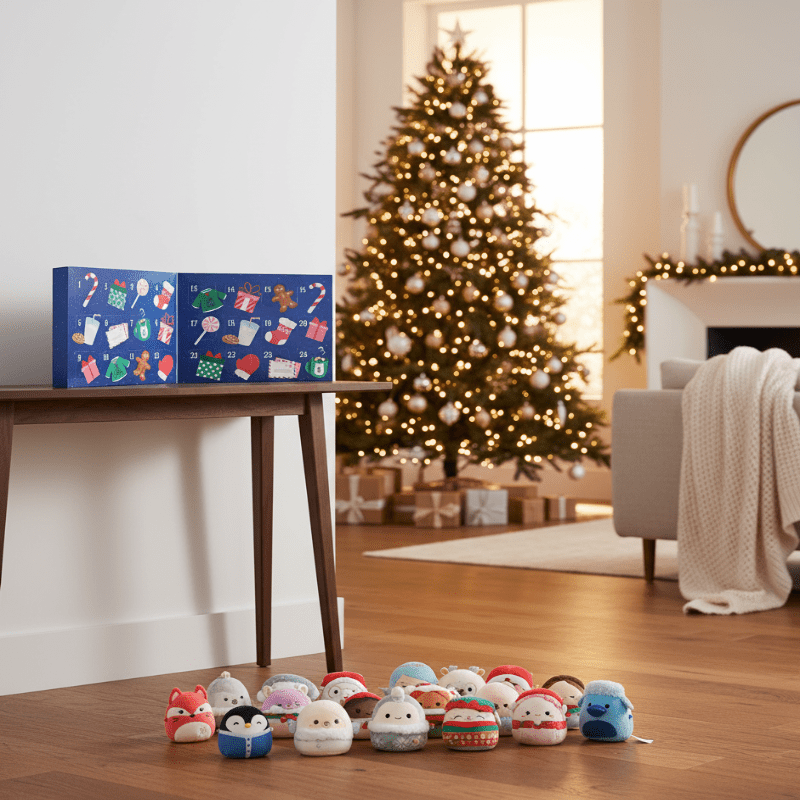 Kids advent calendar with mini marshmallow-style plush collectible figures, group on floor