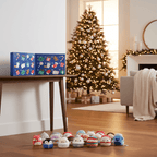 Kids advent calendar with mini marshmallow-style plush collectible figures, group on floor