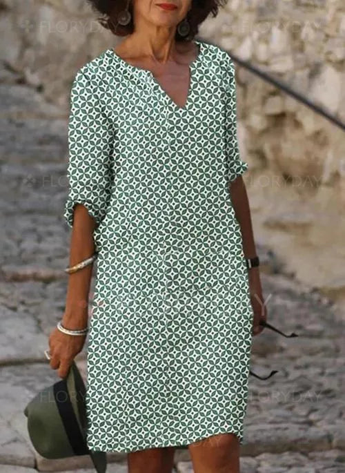 Gerda Women's Mini Dress - Vintage Split Neck 3/4 Sleeve Summer Style-Floral Printed Dress-Green-XS-Camoufit