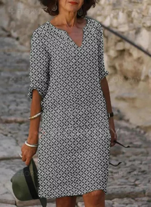 Gerda Women's Mini Dress - Vintage Split Neck 3/4 Sleeve Summer Style-Floral Printed Dress-Grey-XS-Camoufit