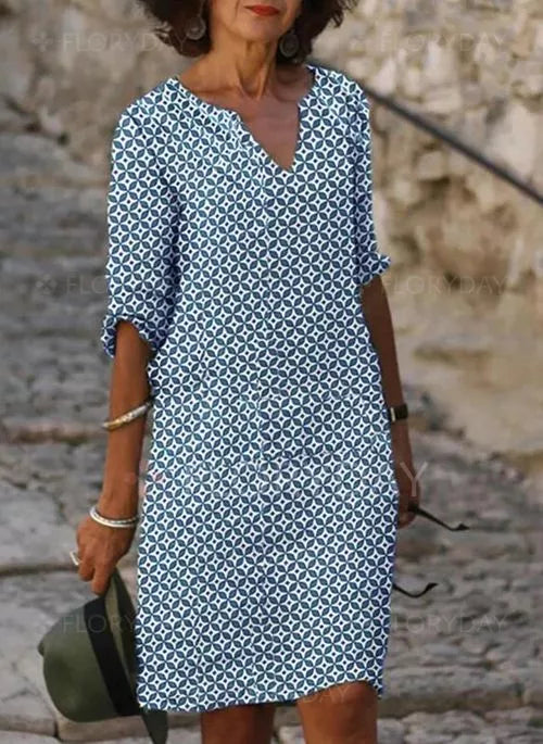 Gerda Women's Mini Dress - Vintage Split Neck 3/4 Sleeve Summer Style-Floral Printed Dress-Blue-XS-Camoufit