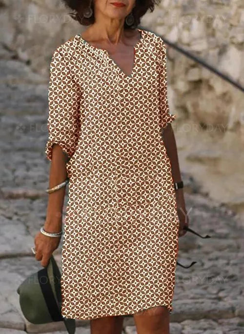 Gerda Women's Mini Dress - Vintage Split Neck 3/4 Sleeve Summer Style-Floral Printed Dress-Brown-XS-Camoufit