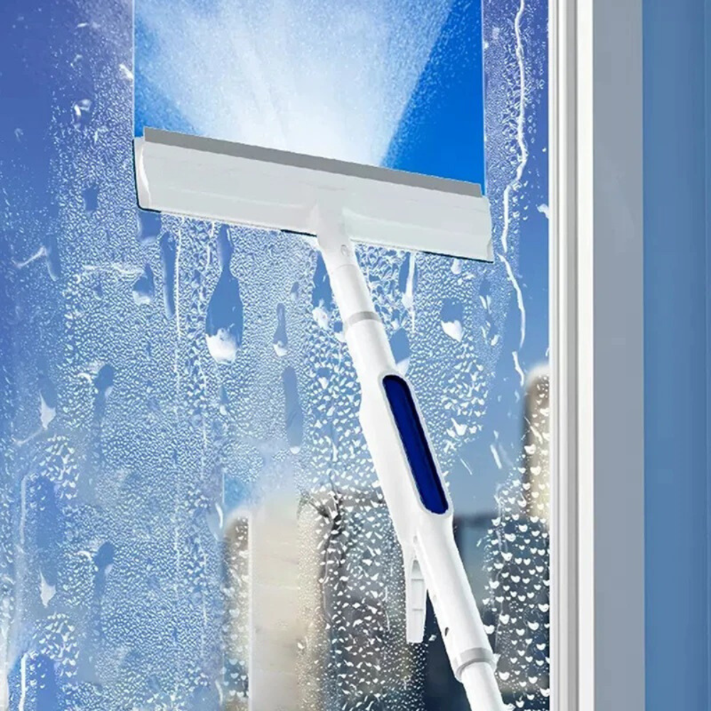 Telescopic window squeegee with rotating head, blue scrub pad and blue insert on white handle