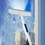 Telescopic window squeegee with rotating head, blue scrub pad and blue insert on white handle