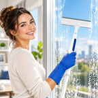 Window squeegee cleaning tool with telescopic handle and spray nozzle, white and blue