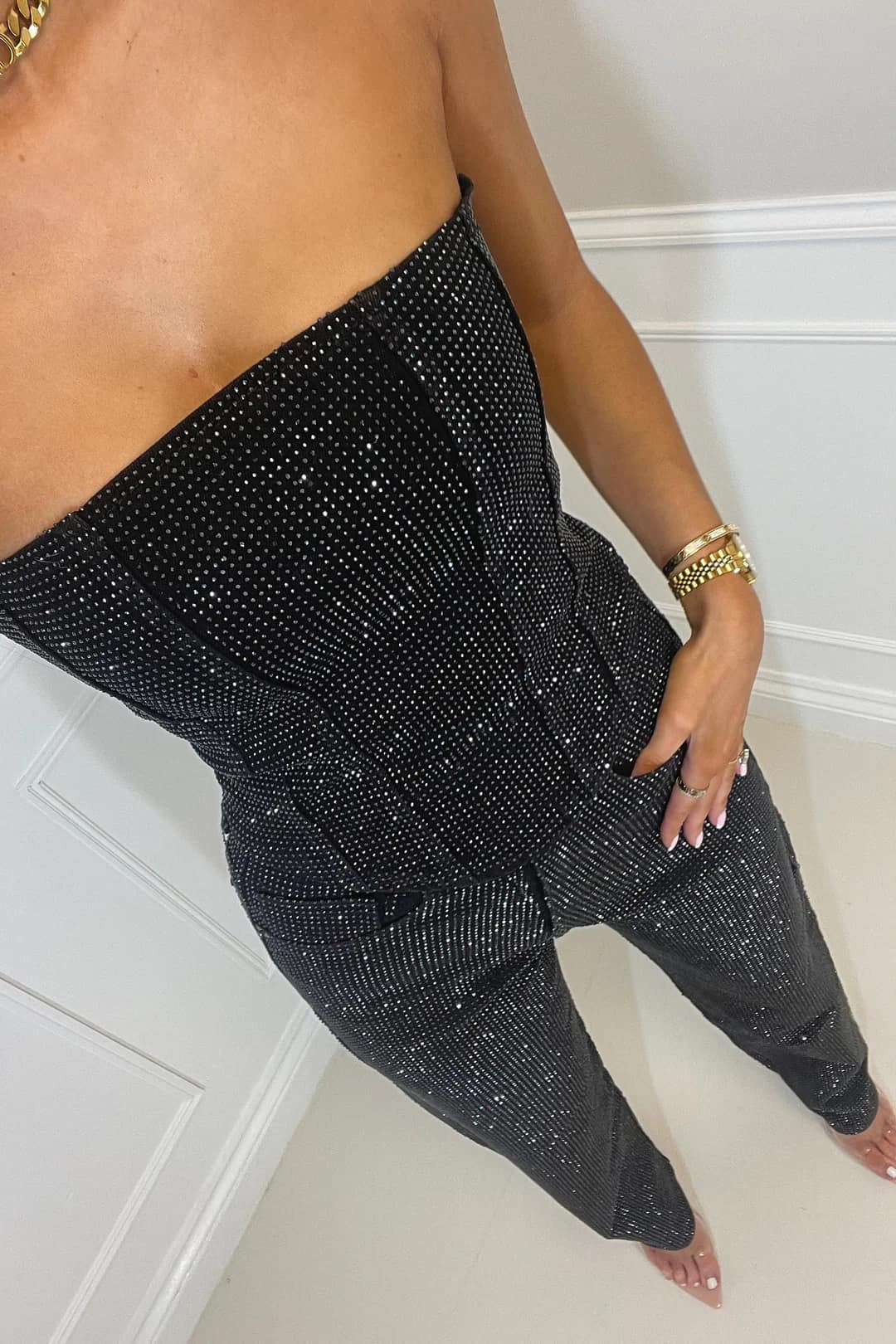 Women's Glittering Trouser Set with High-Waist Jeans and Shimmering Top for Parties Events-Women's Two Piece Sets-Black-S-