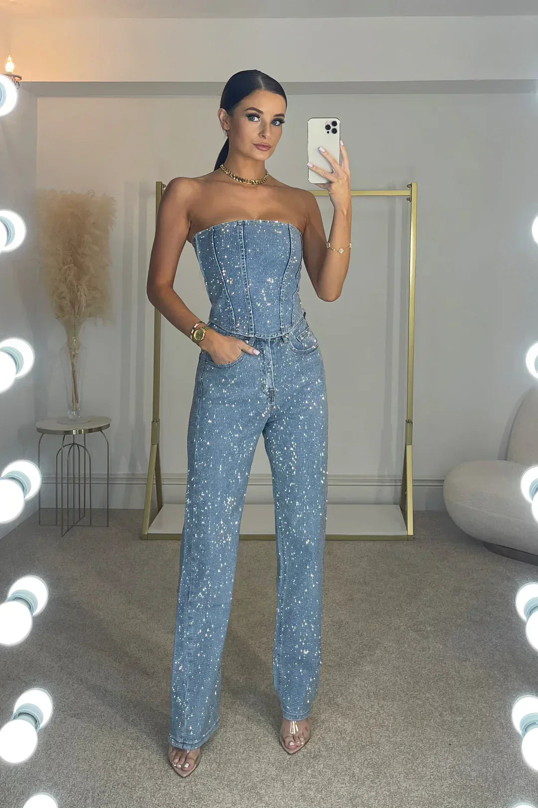 Women's Glittering Trouser Set with High-Waist Jeans and Shimmering Top for Parties Events-Women's Two Piece Sets-Denim-S-