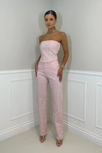 Women's Glittering Trouser Set with High-Waist Jeans and Shimmering Top for Parties Events-Women's Two Piece Sets-Pink-S-