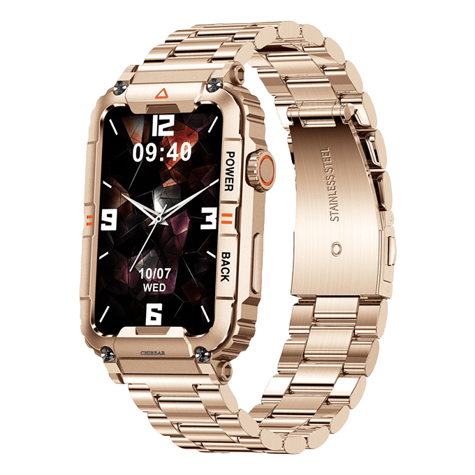 Gold-tone smartwatch with rectangular screen and metal link band