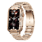 Gold-tone smartwatch with rectangular screen and metal link band