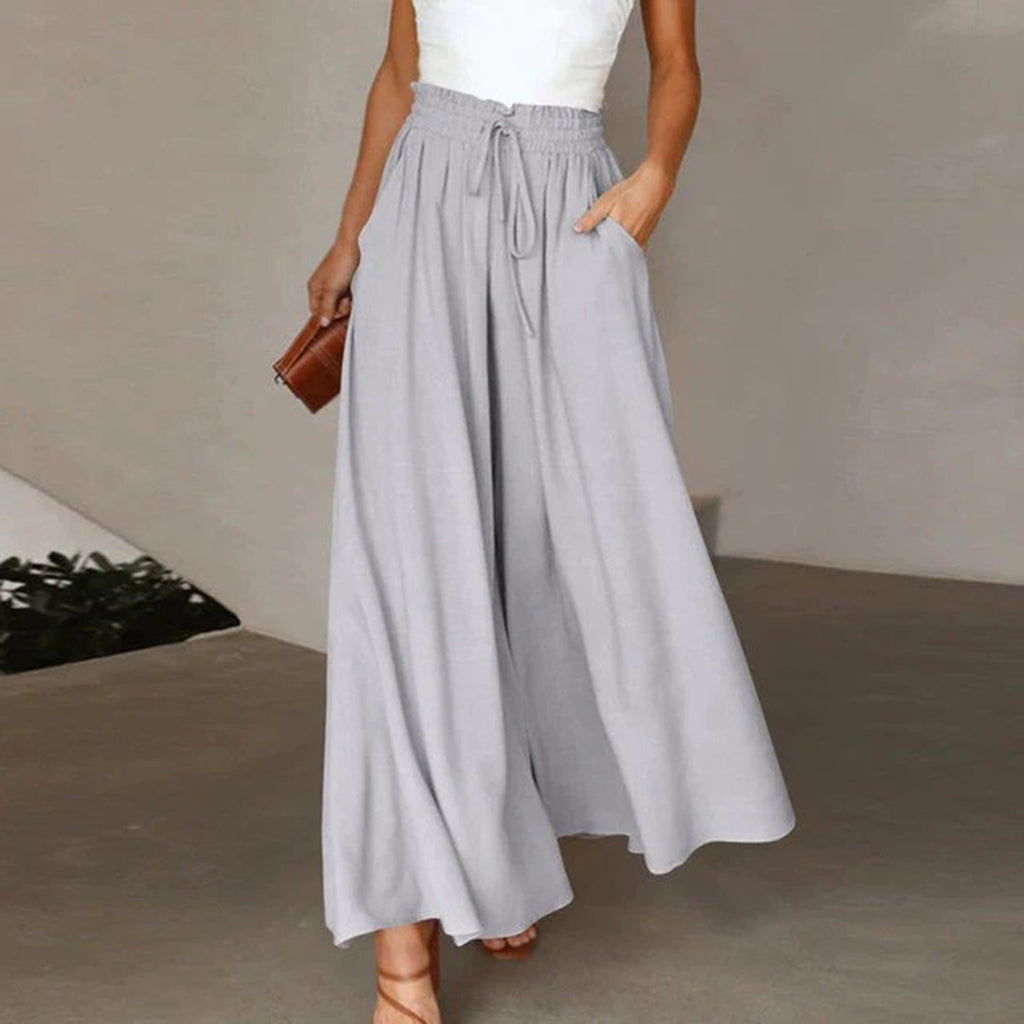 Isadora | High Waist Elastic Pants for Women - Drawstring A-Line Pockets Long Airy Fit-Women's Pants-Gray-S-Camoufit