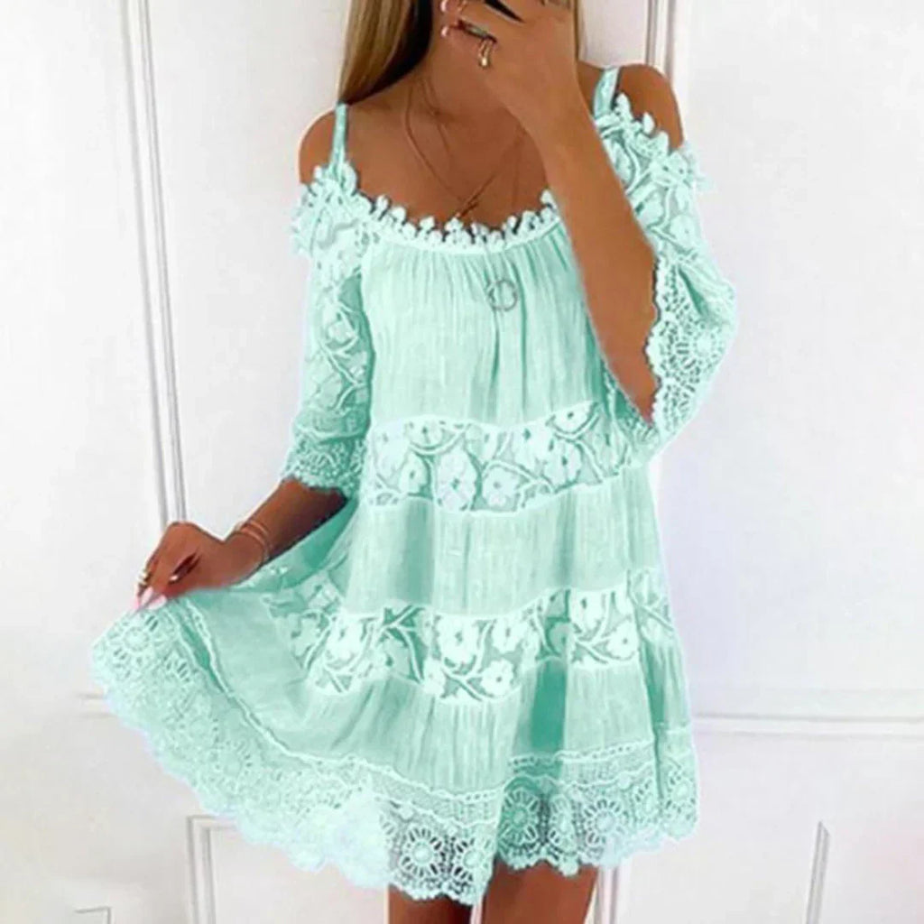 Meliora | Cold Shoulder Mini Dress for Women - Lace Floral Embroidery Regular Summer Fit-Mini Dress-Green-S-Camoufit