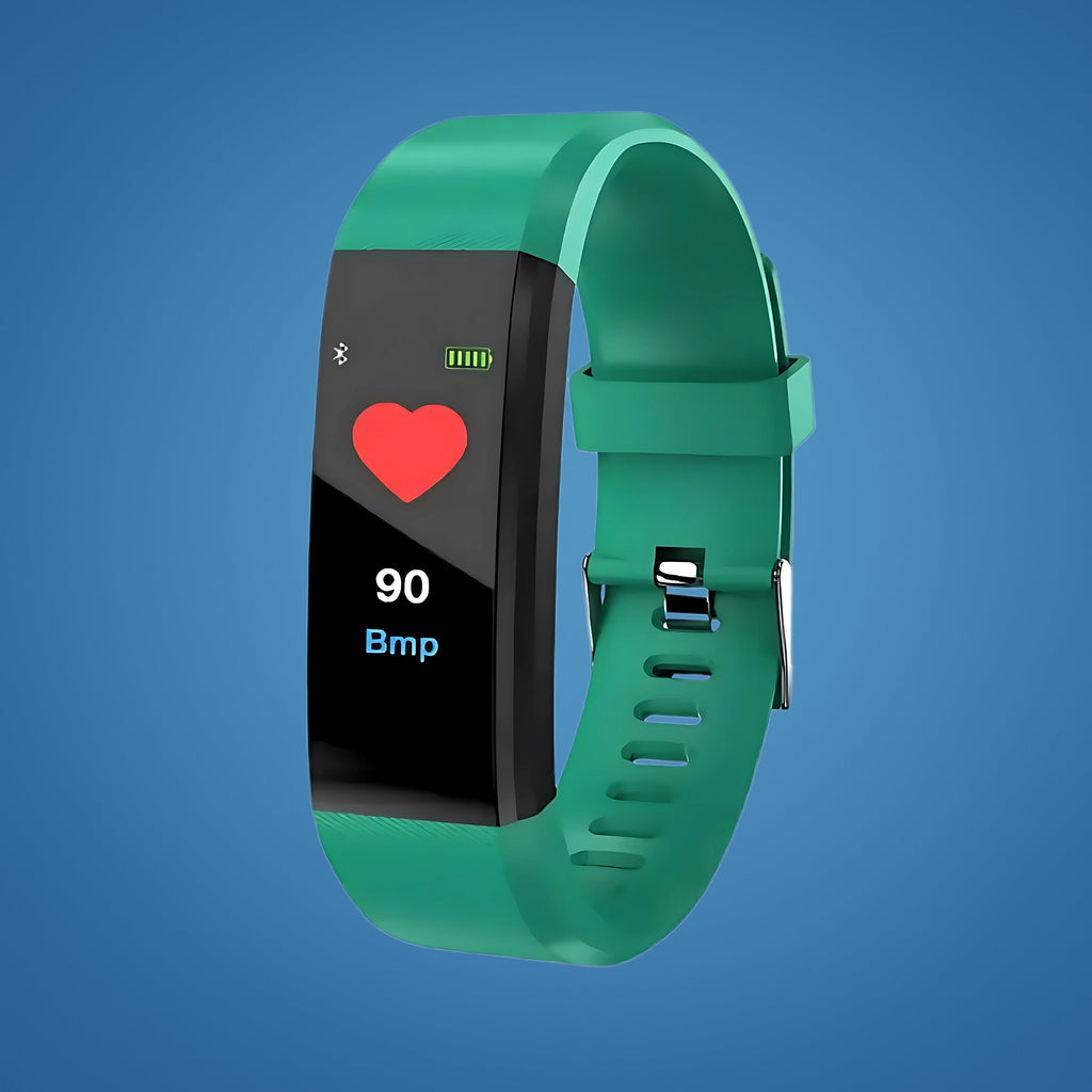 Green safety smartwatch with heart rate icon and BPM on screen