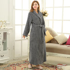 Women’s long plush robe in gray textured fleece, tie belt and shawl collar
