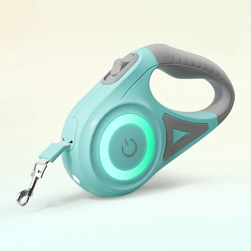 Teal and gray light-up dog leash with built-in flashlight, glowing LED ring and safety trigger