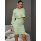 Mint green knit maternity sweater and ribbed pencil dress set, long sleeves