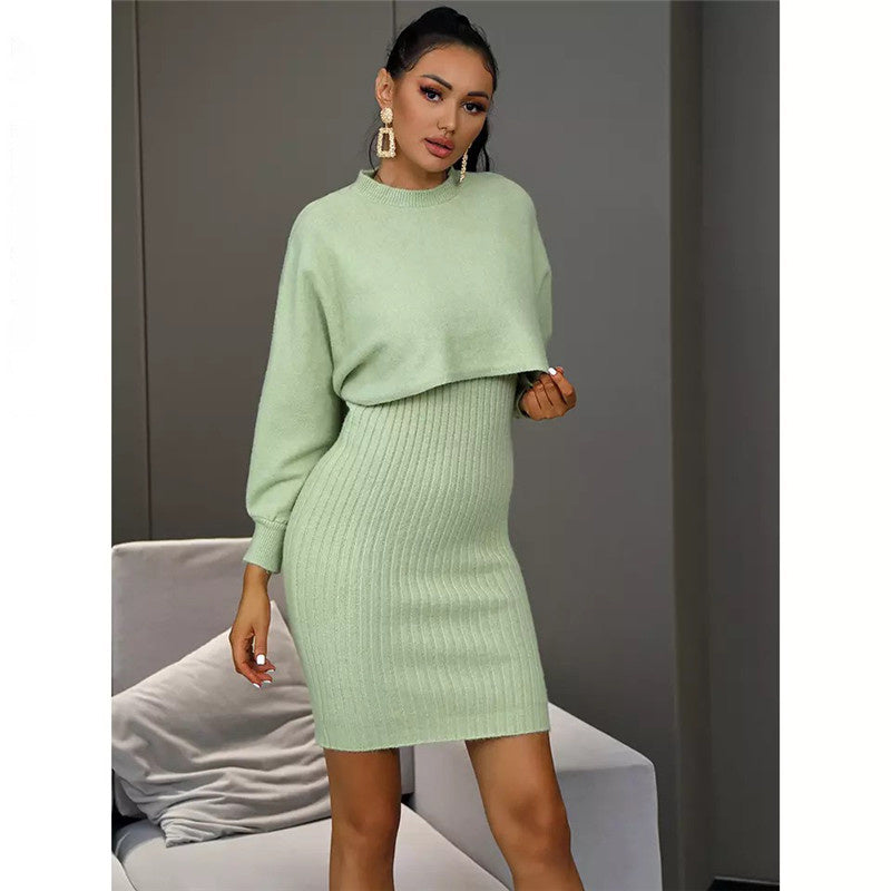 Mint green knit maternity sweater and ribbed pencil dress set, long sleeves