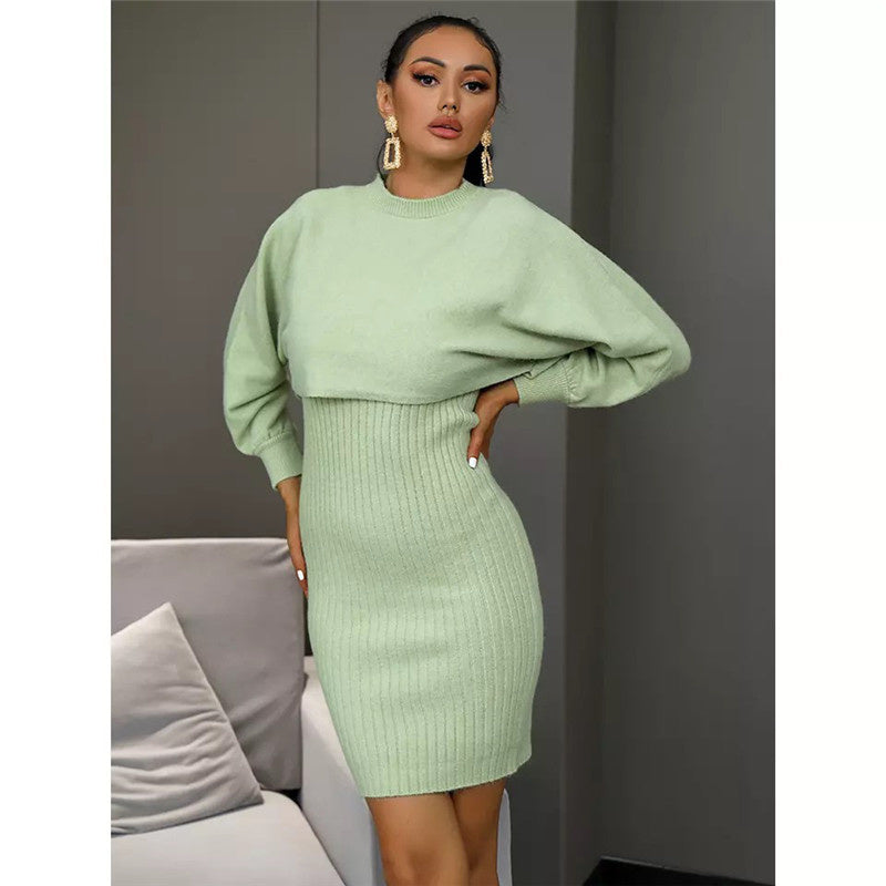 Mint green knit maternity sweater and ribbed bodycon dress set, crew neckline