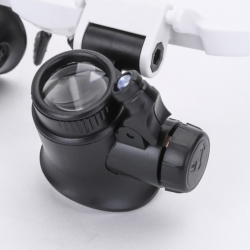 LED magnifier headband close-up: black lens housing with clear glass lens