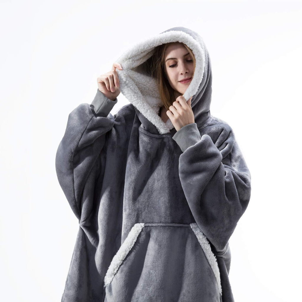 Gray wearable blanket hoodie with hood and kangaroo pocket, white sherpa trim