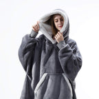 Gray wearable blanket hoodie with hood and kangaroo pocket, white sherpa trim